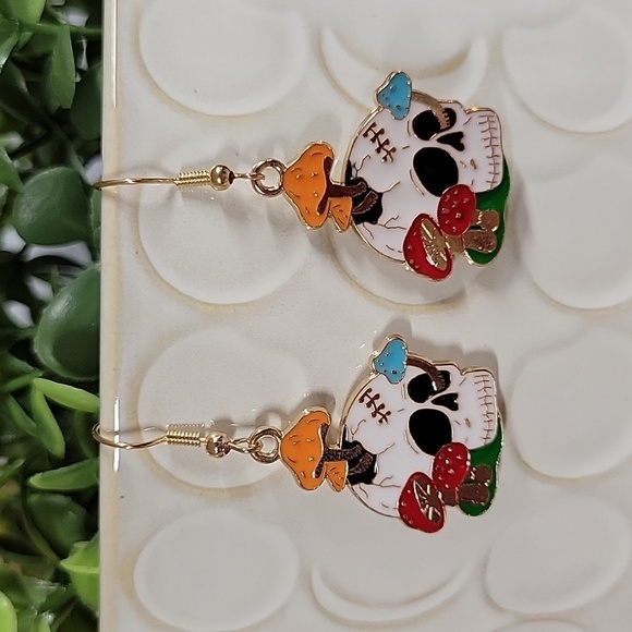 Skull and Colorful Mushroom Charm Drop Earrings - Picture 1 of 6